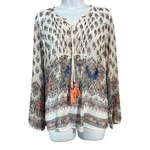 Daniel Rainn Top Womens Small White Floral Print Semi Sheer Long Sleeve Casual